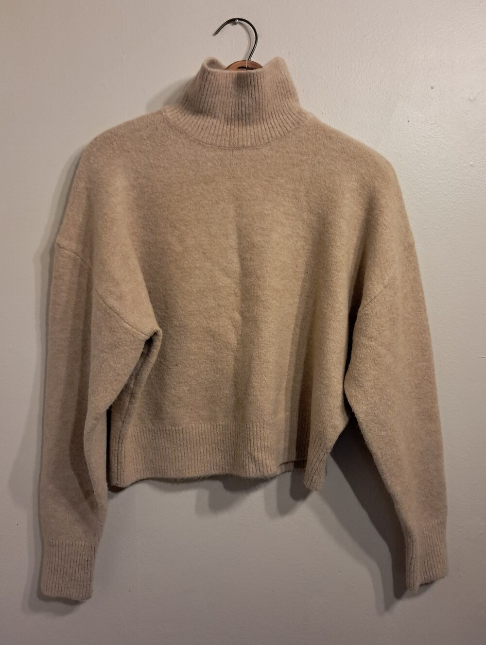 Zara Camel Cream Cropped Turtleneck Sweater Wool Blend